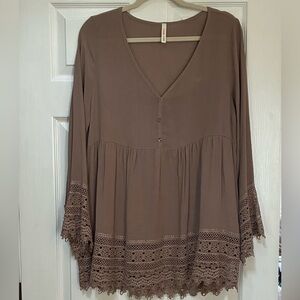 Orange Creek Lace Trim V-Neck Tunic - Brown